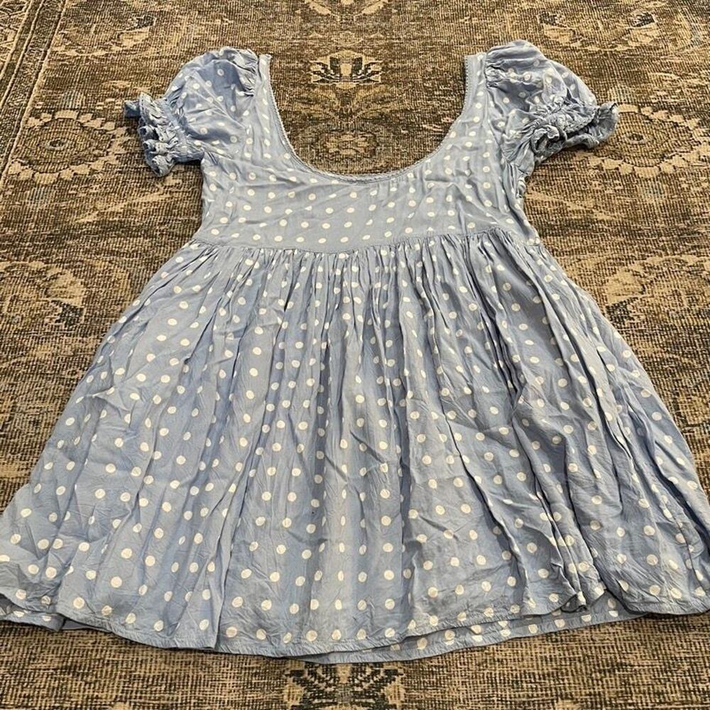 Free People Daisy Dots Mini Dress Blue Babydoll Top Puff Sleeve Womens S
